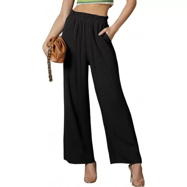chouyatou Womens Elastic High Waist Cotton Linen Pants Wide Leg Trousers Palazzo Business Casual Work PantsBlack