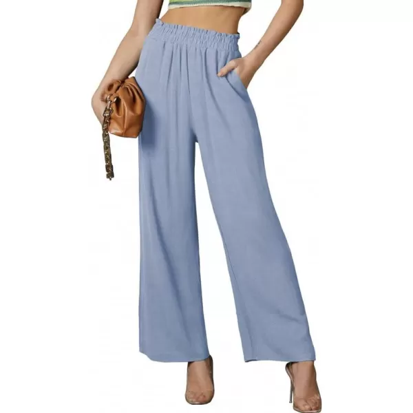 chouyatou Womens Elastic High Waist Cotton Linen Pants Wide Leg Trousers Palazzo Business Casual Work PantsBlue