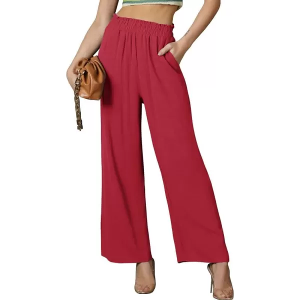 chouyatou Womens Elastic High Waist Cotton Linen Pants Wide Leg Trousers Palazzo Business Casual Work PantsRed