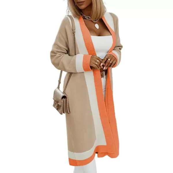 chouyatou Womens Fall Color Block Open Front Cardigan Sweater Casual Loose Hooded Knitted Long Coatigan CoatOrange