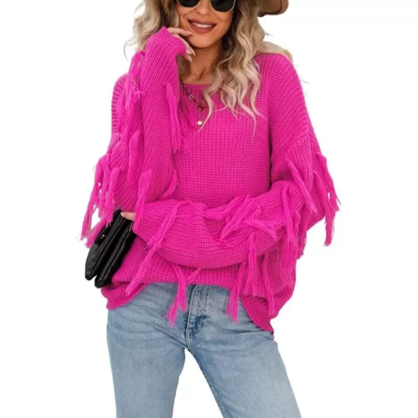 chouyatou Womens Fall Fringed Sleeve Oversized Pullover Sweater Fashion Knitted Fringe TopRose