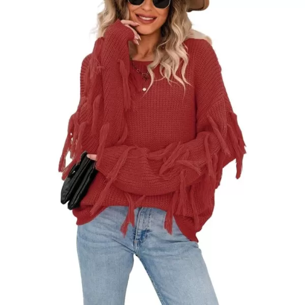 chouyatou Womens Fall Fringed Sleeve Oversized Pullover Sweater Fashion Knitted Fringe TopRust Red