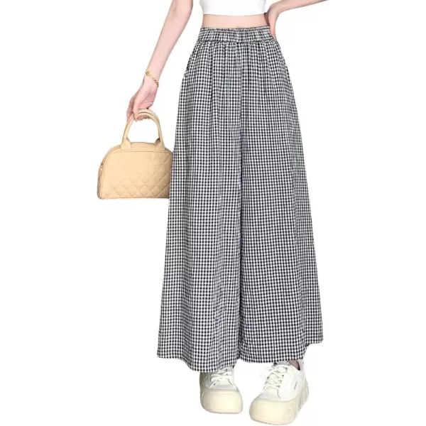 chouyatou Womens Plaid Wide Leg Cropped Culotte Pants High Waisted Striped Palazzo Pants with PocketsBlack Gingham