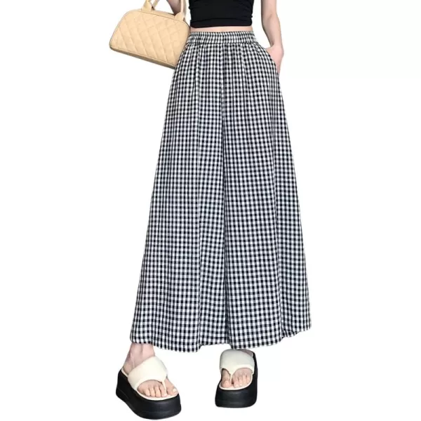 chouyatou Womens Plaid Wide Leg Cropped Culotte Pants High Waisted Striped Palazzo Pants with PocketsBlack Plaid