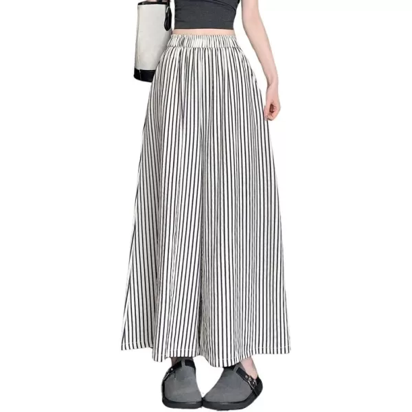 chouyatou Womens Plaid Wide Leg Cropped Culotte Pants High Waisted Striped Palazzo Pants with PocketsBlack Striped