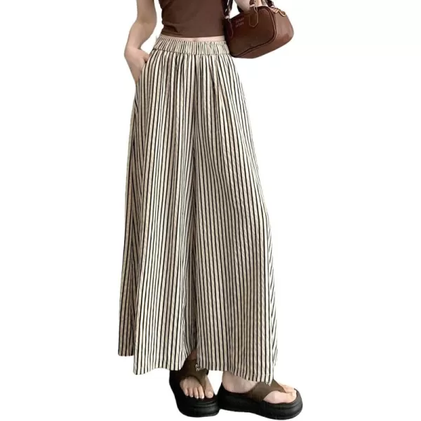 chouyatou Womens Plaid Wide Leg Cropped Culotte Pants High Waisted Striped Palazzo Pants with PocketsKhaki Stripes