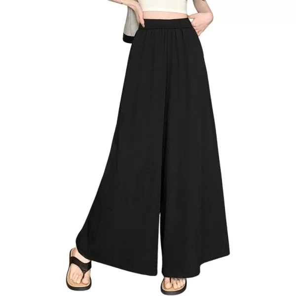 chouyatou Womens Plaid Wide Leg Cropped Culotte Pants High Waisted Striped Palazzo Pants with PocketsSolid Black