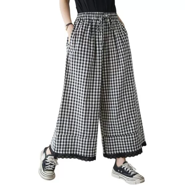chouyatou Womens Plaid Wide Leg Lace Trim Capri Pants High Elastic Waist Palazzo Pants Culottes with PocketsLarge Check