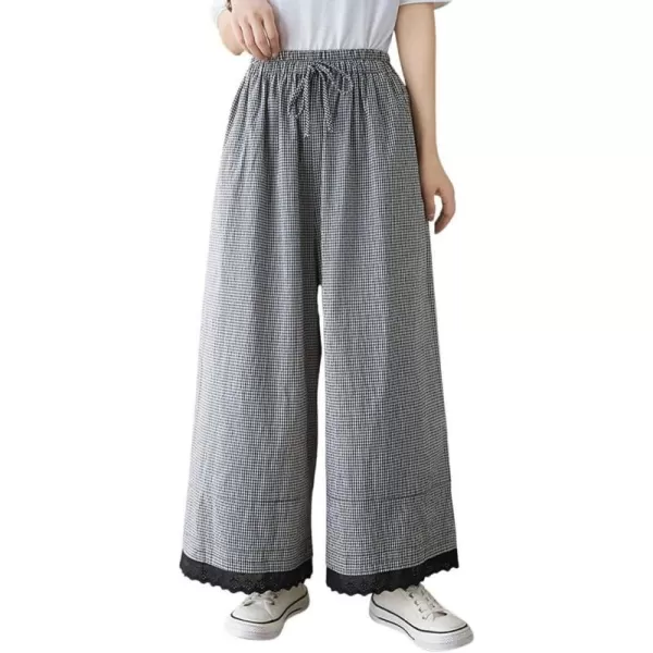 chouyatou Womens Plaid Wide Leg Lace Trim Capri Pants High Elastic Waist Palazzo Pants Culottes with PocketsSmall Check