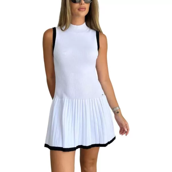 chouyatou Womens Pleated Hem Bodycon Sweater Tank Dress Contrast Striped Ribbed Knit Sweater Mini DressWhite
