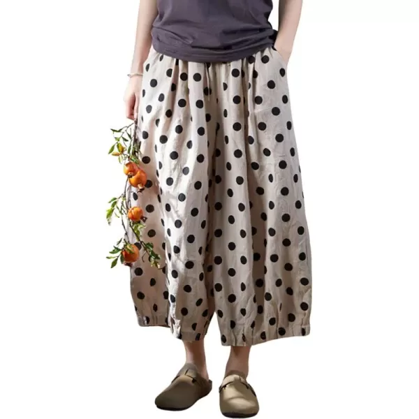 chouyatou Womens Polka Dot Print Elastic Waist Wide Leg Cotton Linen Pants Floral Capri Palazzo TrousersApricot