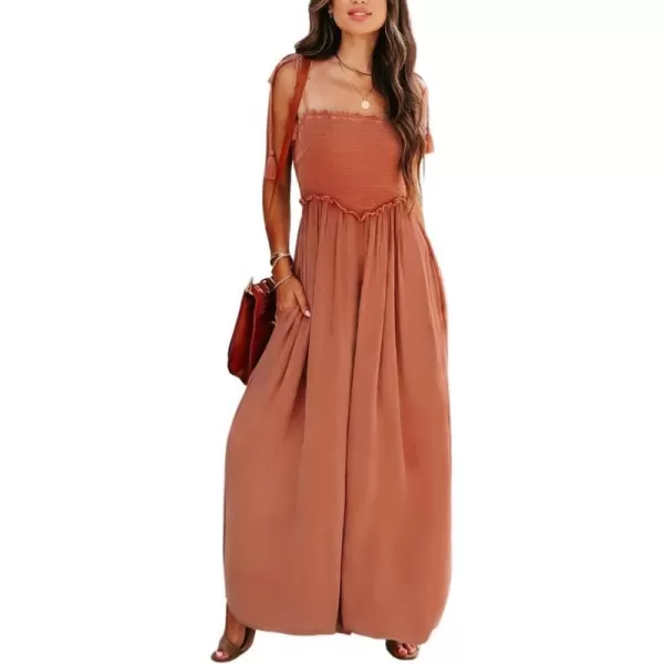 chouyatou Womens Smocked Spaghetti Strap Romper Sleeveless Wide Leg Jumpsuit Pants with PocketsPinkish Orange