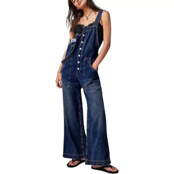 chouyatou Womens Summer Casual Adjustable Strap Denim Jumpsuit Loose Fit Wide Leg Stretch Bib Jean OverallsDark Blue