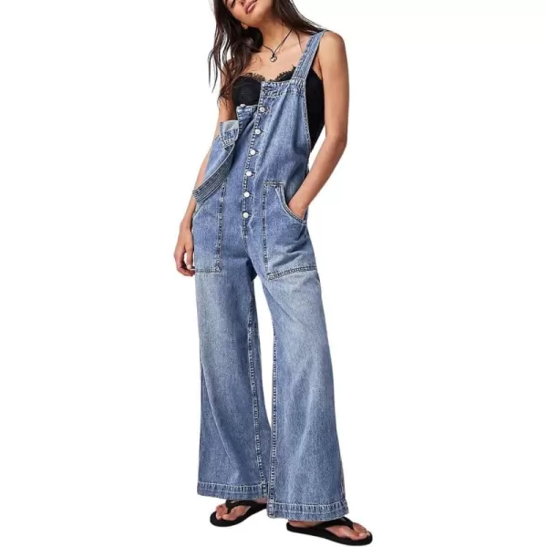 chouyatou Womens Summer Casual Adjustable Strap Denim Jumpsuit Loose Fit Wide Leg Stretch Bib Jean OverallsLight Blue