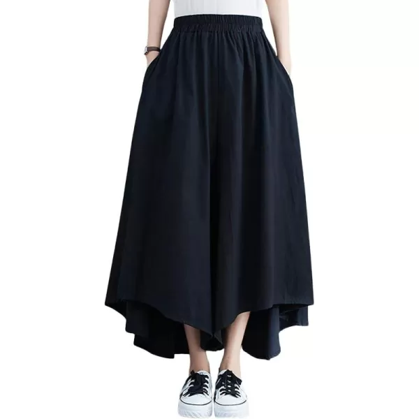 chouyatou Womens Summer Casual High Low Culottes Flowy Pants High Waist Wide Leg Capri Palazzo TrousersBlack