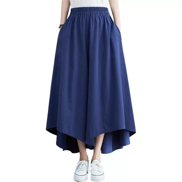 chouyatou Womens Summer Casual High Low Culottes Flowy Pants High Waist Wide Leg Capri Palazzo TrousersNavy Blue