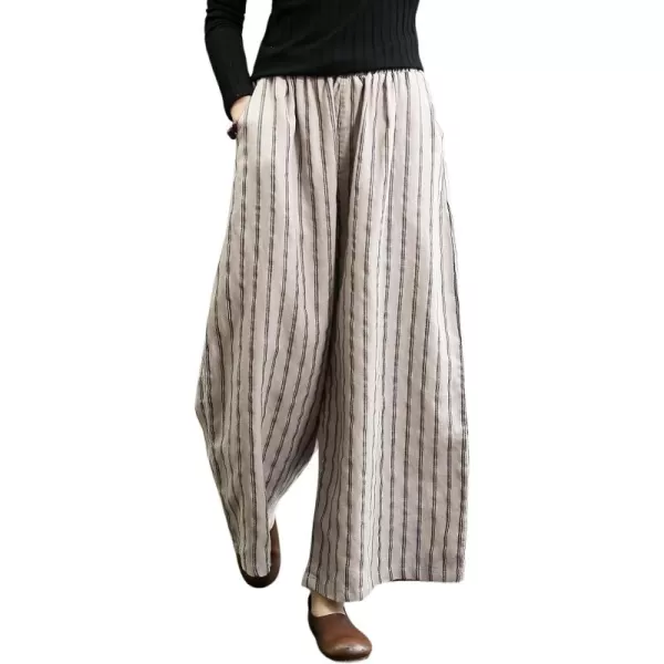 chouyatou Womens Summer Casual Striped Linen Pants Culottes Cotton Wide Leg Cropped Palazzo PantsBeige