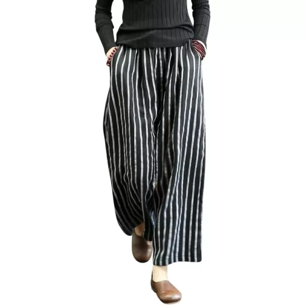 chouyatou Womens Summer Casual Striped Linen Pants Culottes Cotton Wide Leg Cropped Palazzo PantsBlack