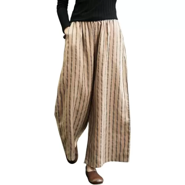 chouyatou Womens Summer Casual Striped Linen Pants Culottes Cotton Wide Leg Cropped Palazzo PantsKhaki