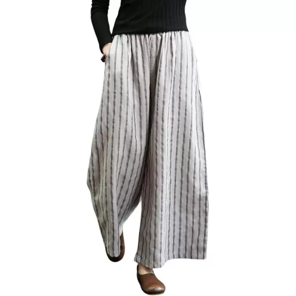 chouyatou Womens Summer Casual Striped Linen Pants Culottes Cotton Wide Leg Cropped Palazzo PantsWhite