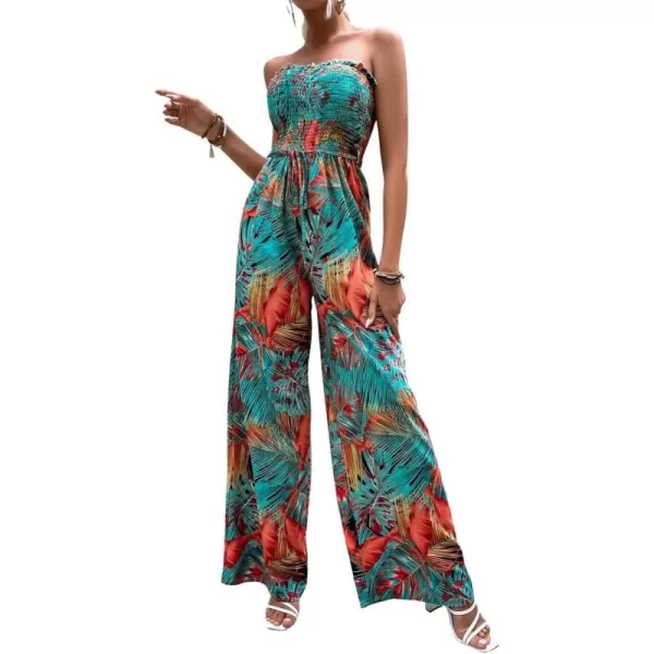 chouyatou Womens Tropical Wide leg Smocked Jumpsuit Floral Print Strapless Bandeau Vacation Romper PantsBlue
