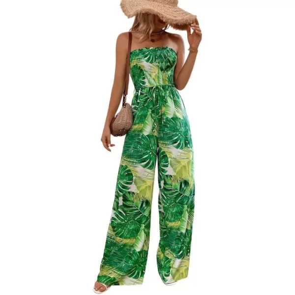 chouyatou Womens Tropical Wide leg Smocked Jumpsuit Floral Print Strapless Bandeau Vacation Romper PantsGreen