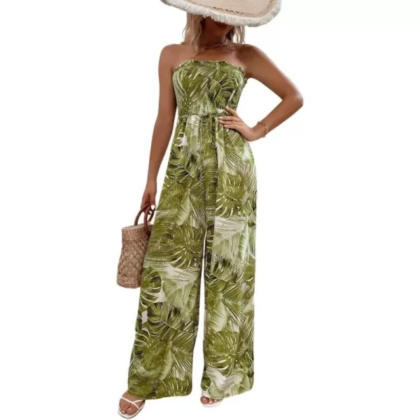 chouyatou Womens Tropical Wide leg Smocked Jumpsuit Floral Print Strapless Bandeau Vacation Romper PantsYellow