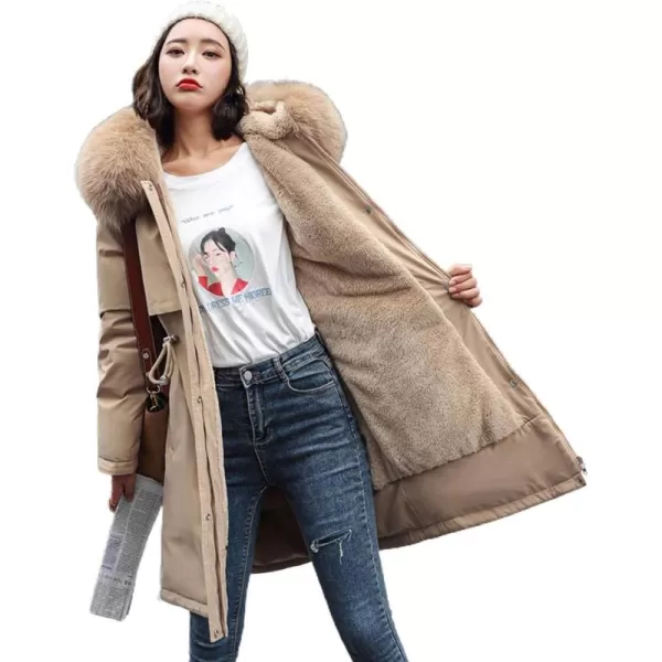 chouyatou Womens Windproof Sherpa Lined Long Winter Parka Coat Faux Fur HoodKhaki