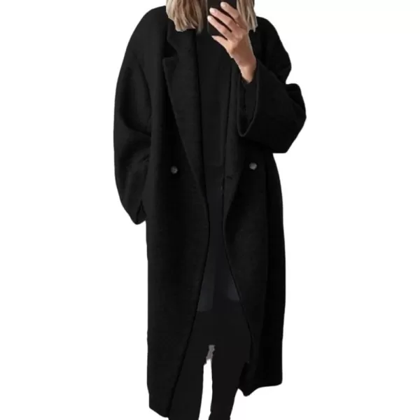 chouyatou Womens Winter Double Breasted Wool Coat Long Sleeve Notch Lapel Long Trench CoatBlack