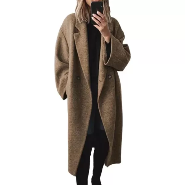 chouyatou Womens Winter Double Breasted Wool Coat Long Sleeve Notch Lapel Long Trench CoatBrown