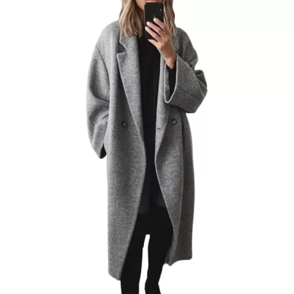 chouyatou Womens Winter Double Breasted Wool Coat Long Sleeve Notch Lapel Long Trench CoatGrey