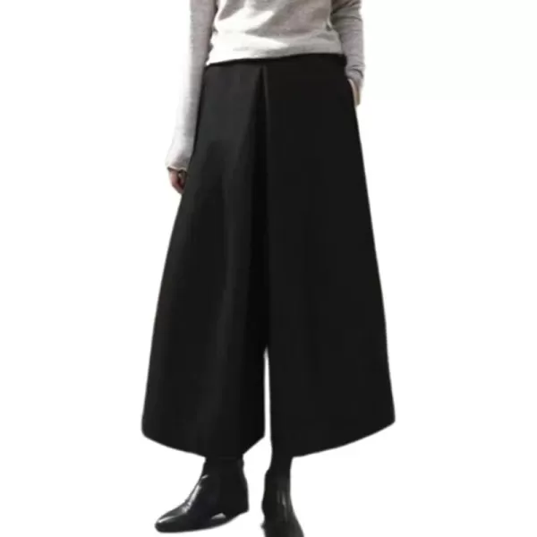 chouyatou Womens Winter Elastic High Waisted Wool Blend Wide Leg Pants Cropped Palazzo Trousers CulottesBlack