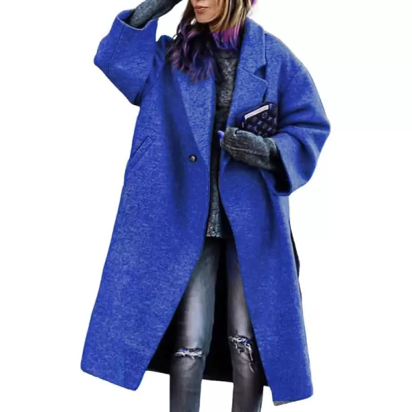 chouyatou Womens Winter Single Breasted Midi Long Wool Coat Notch Lapel Dressy Casual Winter Trench CoatBlue