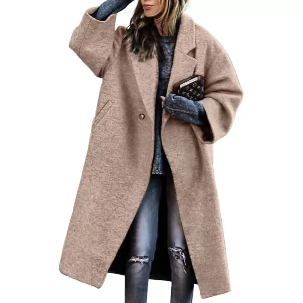 chouyatou Womens Winter Single Breasted Midi Long Wool Coat Notch Lapel Dressy Casual Winter Trench CoatKhaki