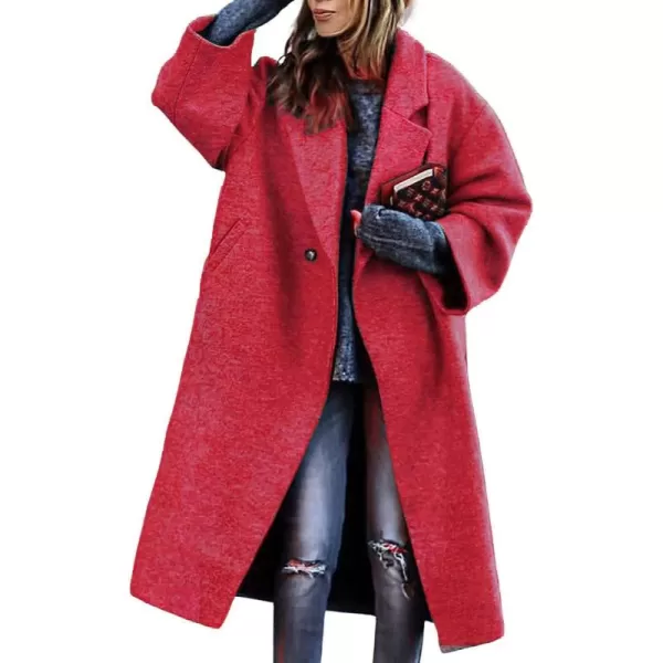 chouyatou Womens Winter Single Breasted Midi Long Wool Coat Notch Lapel Dressy Casual Winter Trench CoatRed