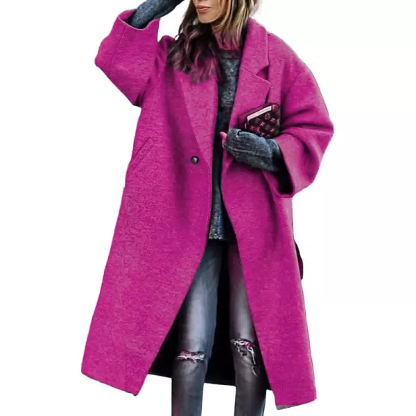 chouyatou Womens Winter Single Breasted Midi Long Wool Coat Notch Lapel Dressy Casual Winter Trench CoatRose Red