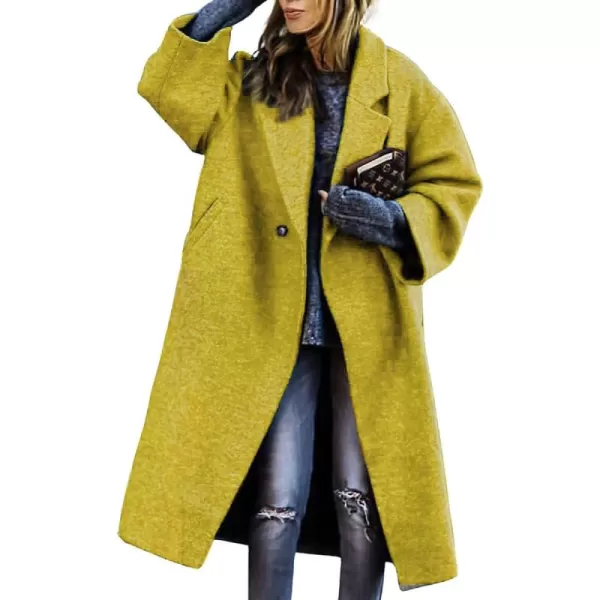 chouyatou Womens Winter Single Breasted Midi Long Wool Coat Notch Lapel Dressy Casual Winter Trench CoatYellow