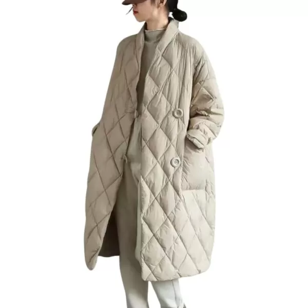 chouyatou Womens Winter Warm Puffer Jacket Stand Collar Diamond Quilted Oversized Long Puffy Down CoatBeige