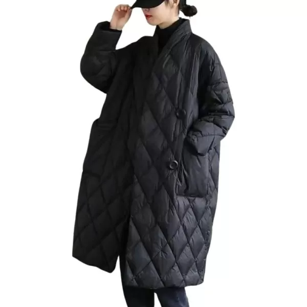 chouyatou Womens Winter Warm Puffer Jacket Stand Collar Diamond Quilted Oversized Long Puffy Down CoatBlack