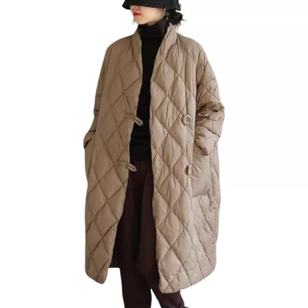chouyatou Womens Winter Warm Puffer Jacket Stand Collar Diamond Quilted Oversized Long Puffy Down CoatKhaki