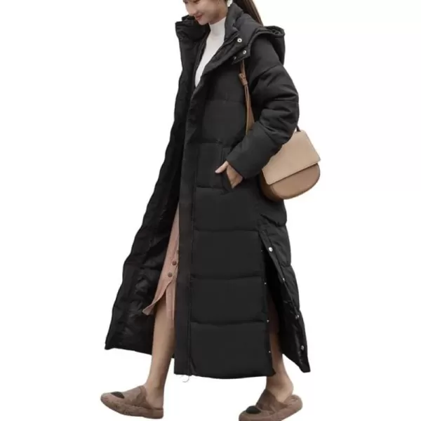 chouyatou Womens Winter Windproof Puffer Coat Hooded Long Quilted Parka Down OuterwearBlack