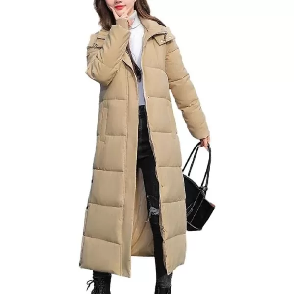 chouyatou Womens Winter Windproof Puffer Coat Hooded Long Quilted Parka Down OuterwearKhaki