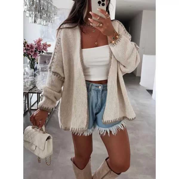 chouyatou Women Fall Open Front Color Block Cardigan Sweater Casual Striped Chunky Knit Oversized CardiganBeige