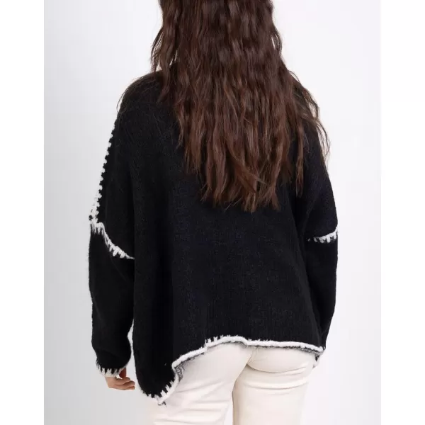 chouyatou Women Fall Open Front Color Block Cardigan Sweater Casual Striped Chunky Knit Oversized CardiganBlack