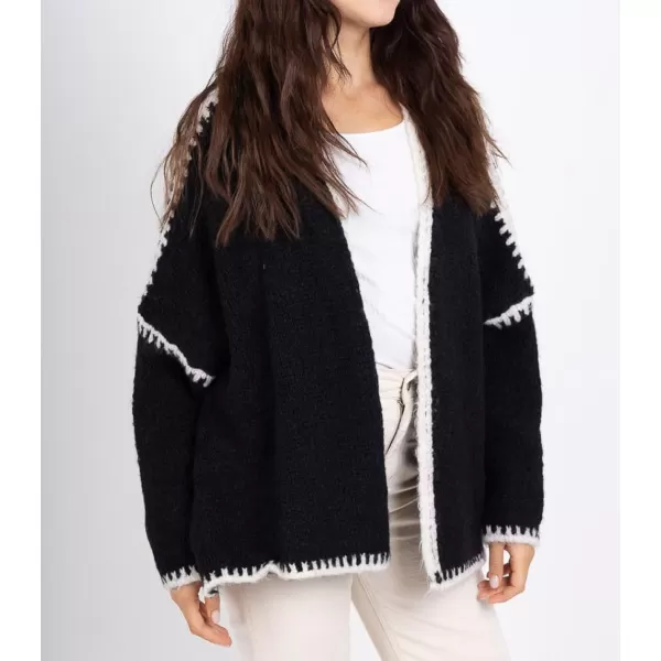 chouyatou Women Fall Open Front Color Block Cardigan Sweater Casual Striped Chunky Knit Oversized CardiganBlack