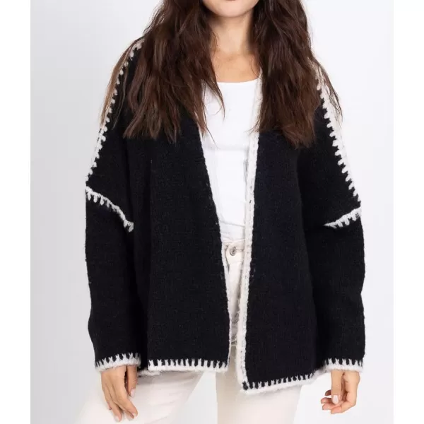 chouyatou Women Fall Open Front Color Block Cardigan Sweater Casual Striped Chunky Knit Oversized CardiganBlack