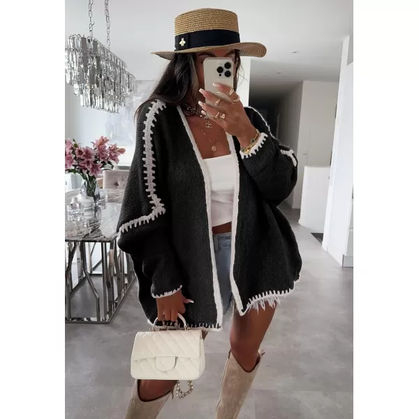 chouyatou Women Fall Open Front Color Block Cardigan Sweater Casual Striped Chunky Knit Oversized CardiganBlack