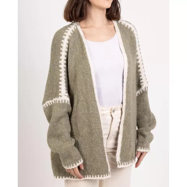 chouyatou Women Fall Open Front Color Block Cardigan Sweater Casual Striped Chunky Knit Oversized CardiganGreen
