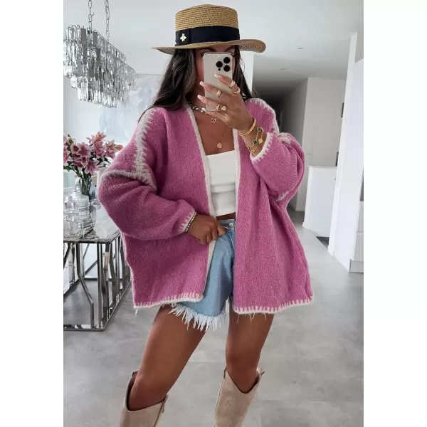 chouyatou Women Fall Open Front Color Block Cardigan Sweater Casual Striped Chunky Knit Oversized CardiganHot Pink