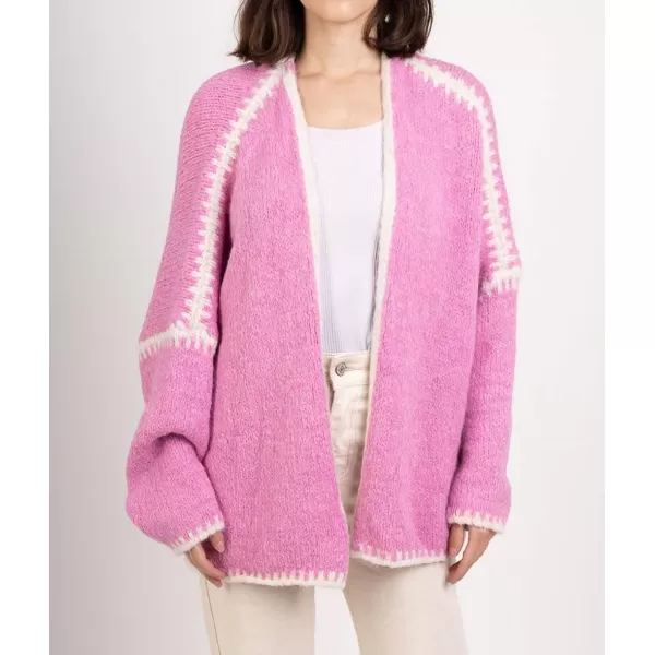 chouyatou Women Fall Open Front Color Block Cardigan Sweater Casual Striped Chunky Knit Oversized CardiganHot Pink